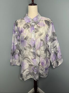 Alfred Dunner Women’s Purple/Gray Sheer Floral Button Top Sz 16